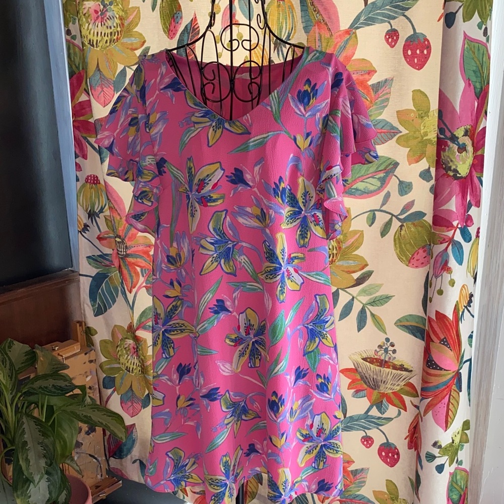 Pink with Floral Print Pocketed Dress